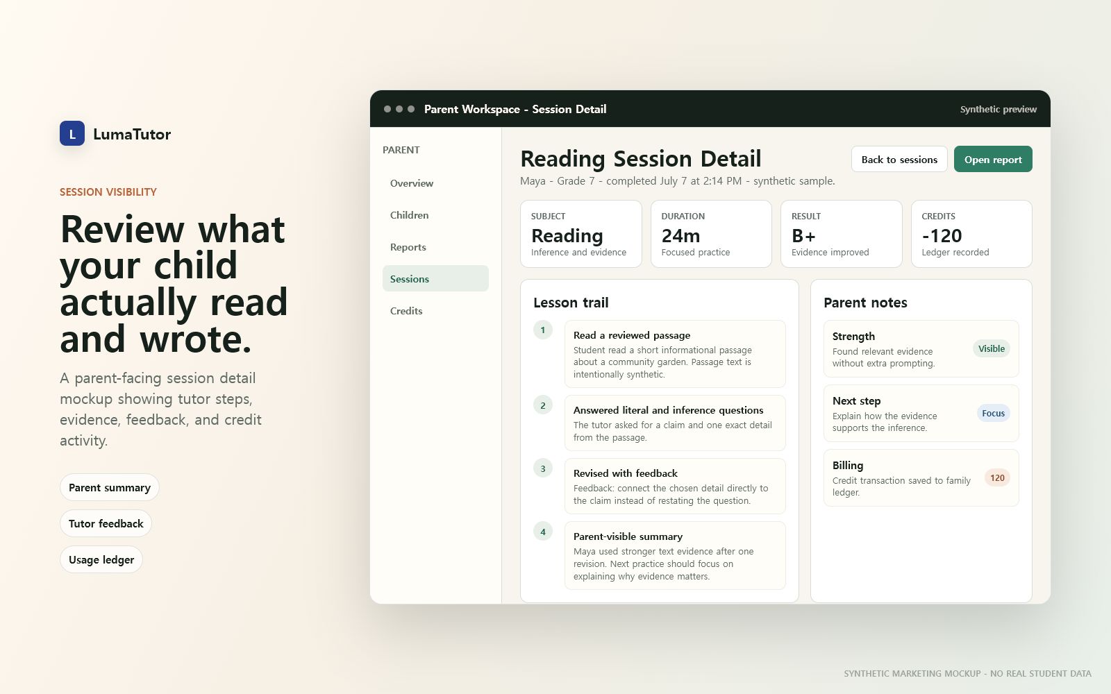 Synthetic LumaTutor parent session detail preview showing a completed lesson, tutor feedback, and session evidence.